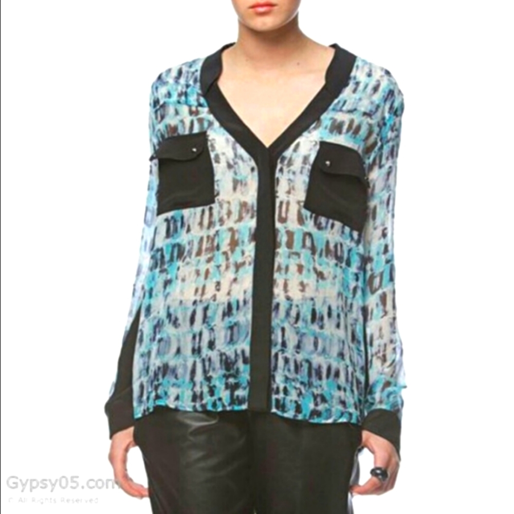 Silk Button Down Blouse Top XS - Revolve Gypsy 05 Tie Dye Color Block